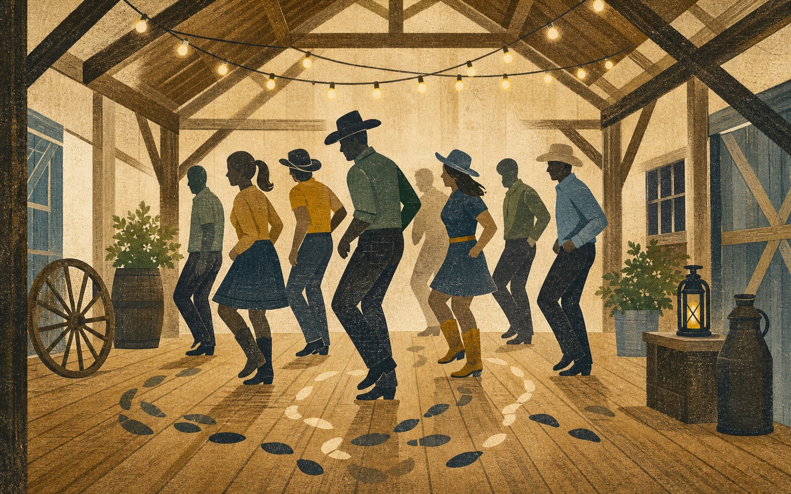 Abstract editorial illustration of line dancing inside a warmly lit historic barn