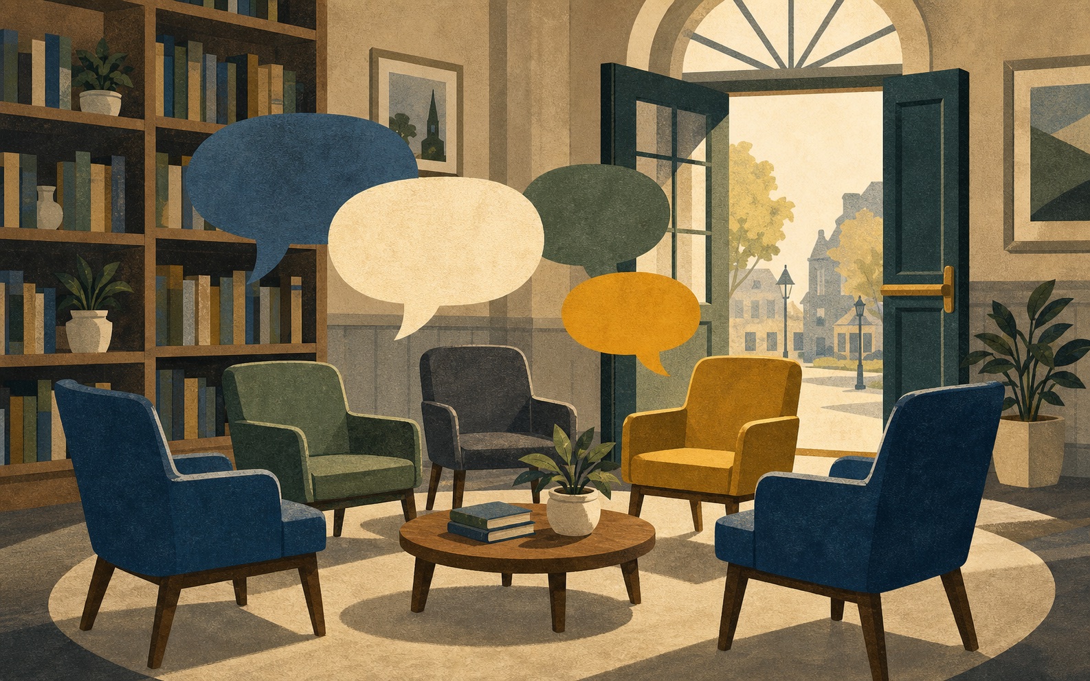 Abstract editorial illustration of a library conversation area with open doors and speech bubbles