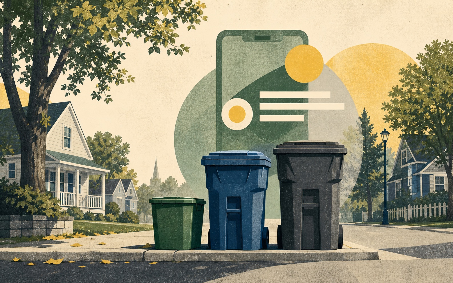 Abstract editorial illustration of recycling bins and a smartphone reminder on a small-town curb