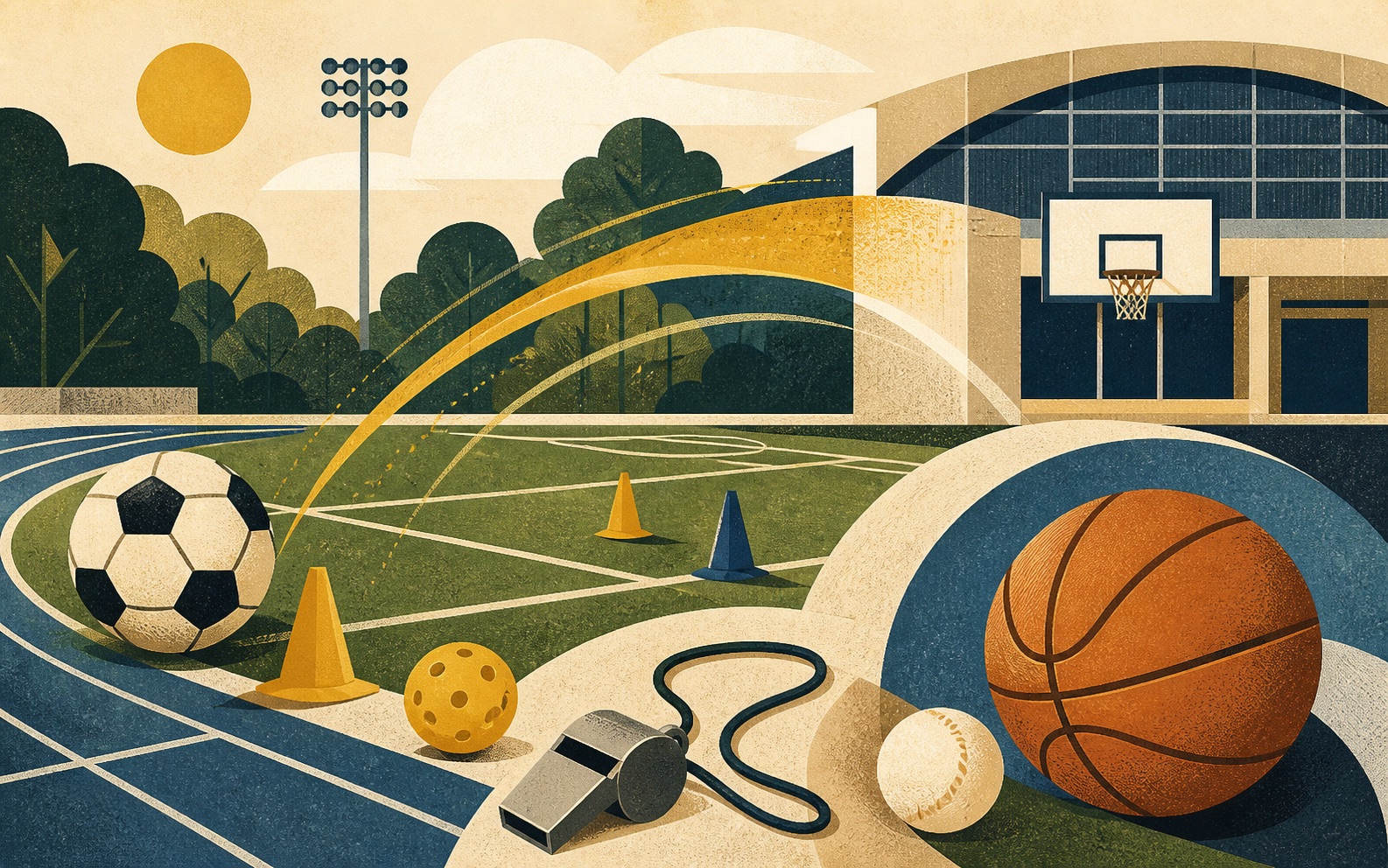 Abstract editorial illustration of sports equipment on a sunny school athletic field