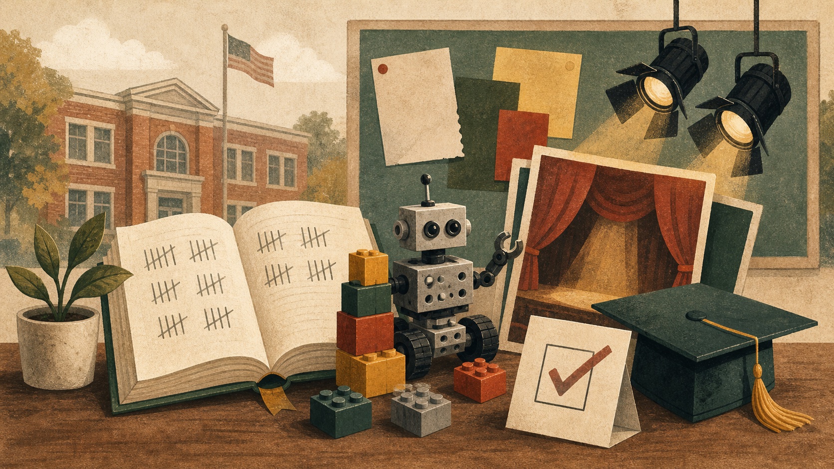 Textured editorial illustration of school news objects including an open book, classroom robot, theater lights, graduation cap and ballot card