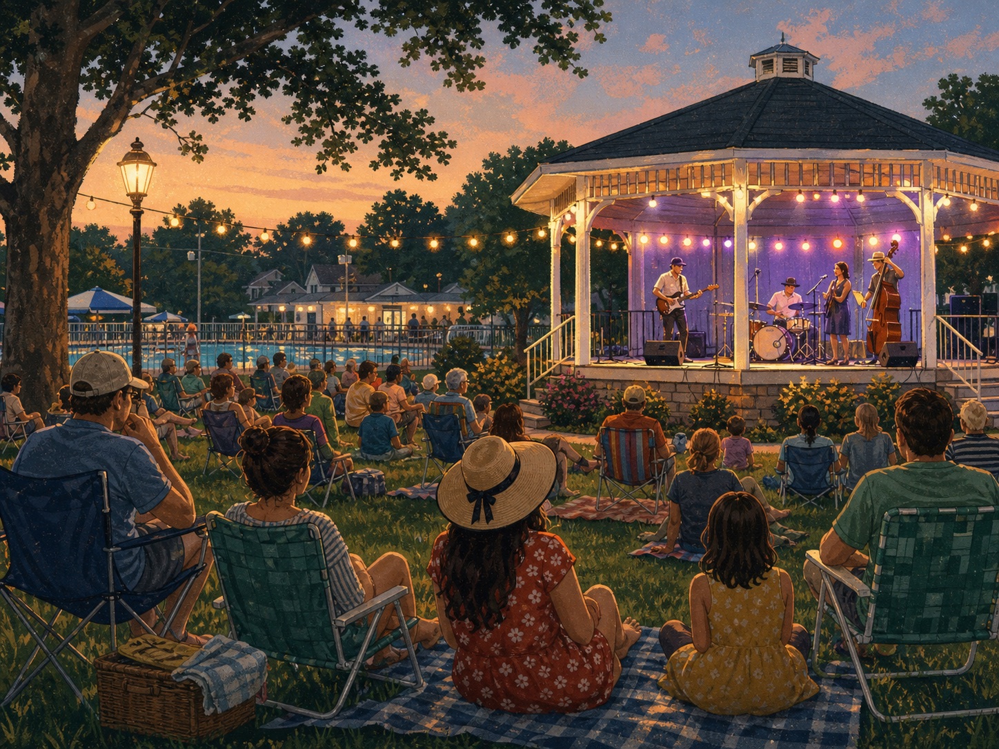 Original editorial illustration of families watching an outdoor summer concert in a small-town park