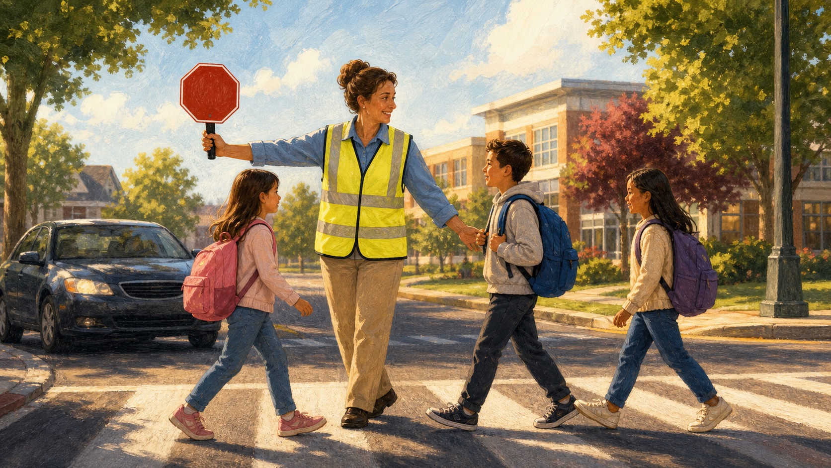 Textured editorial illustration of a school crossing guard helping children cross a neighborhood street